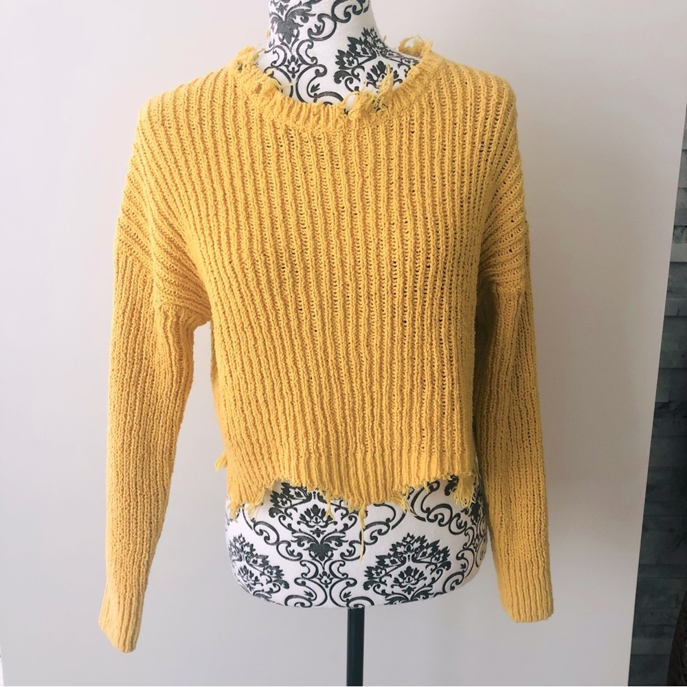 Tally Weijl Distressed Cropped Knit Sweater Mustard Yellow S